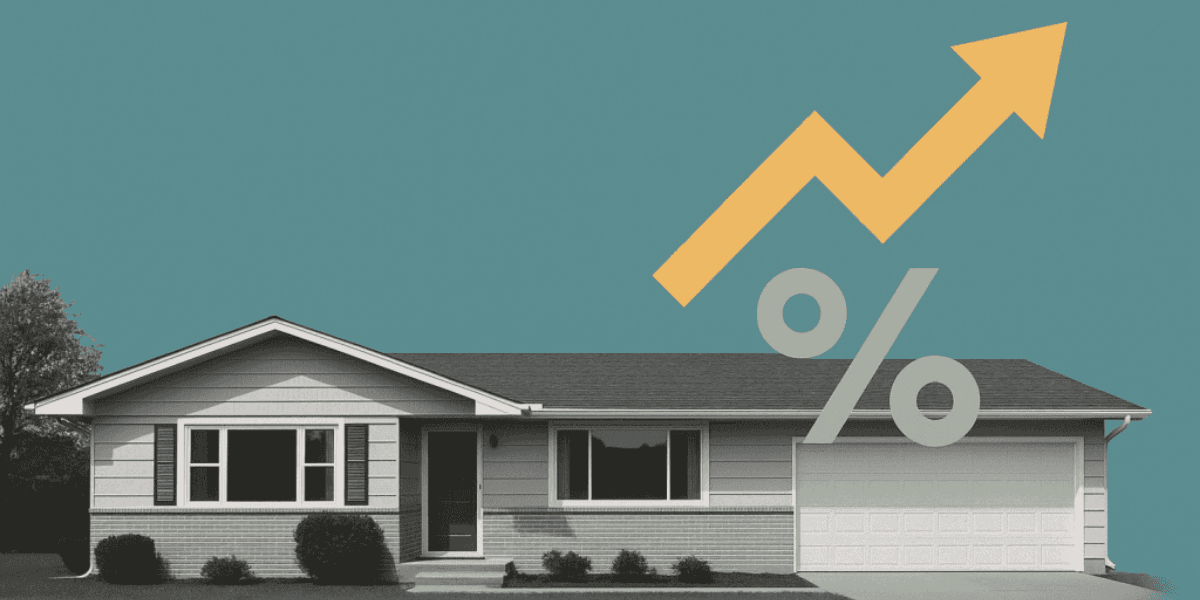 A house image with a rising graph and percentage symbol representing increasing home values