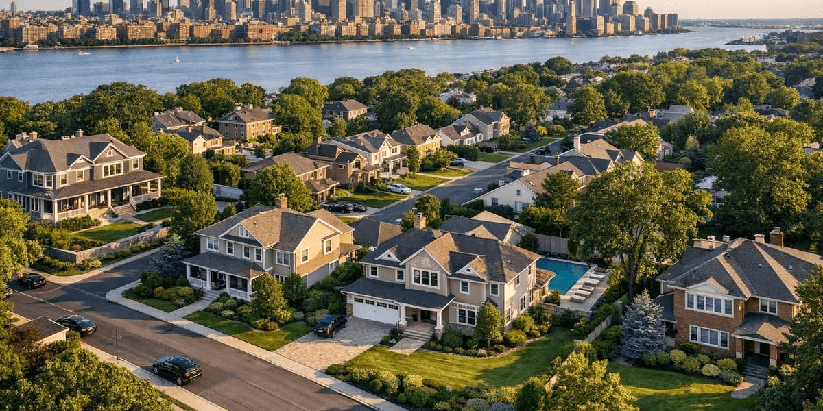 Aerial view of suburban homes with greenery and city skyline in the background