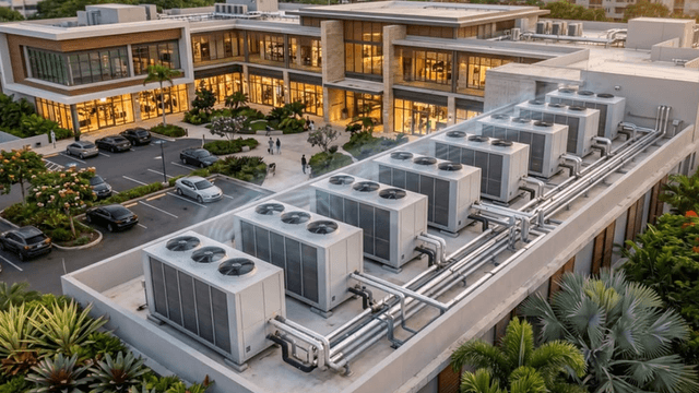 Aerial view of a modern building with large HVAC units on the roof