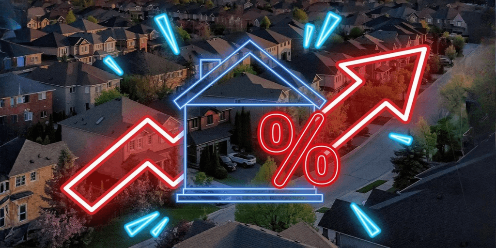 Aerial view of suburban homes with graphics of a house and an upward arrow