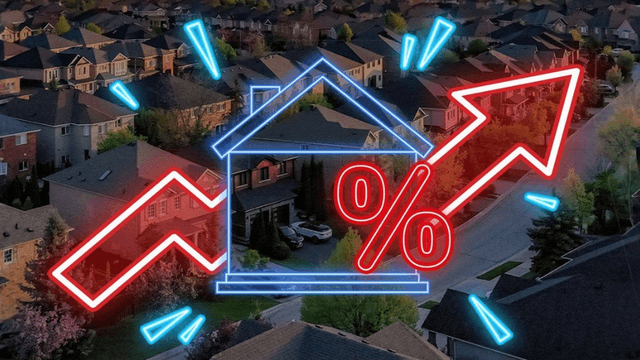 Aerial view of suburban homes with graphics of a house and an upward arrow