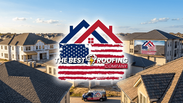 aerial view of a construction site with roofs and logo of a roofing company