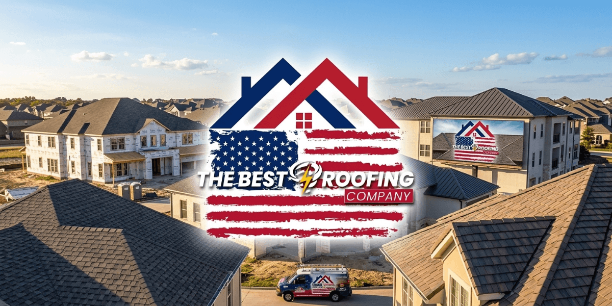 aerial view of a construction site with roofs and logo of a roofing company