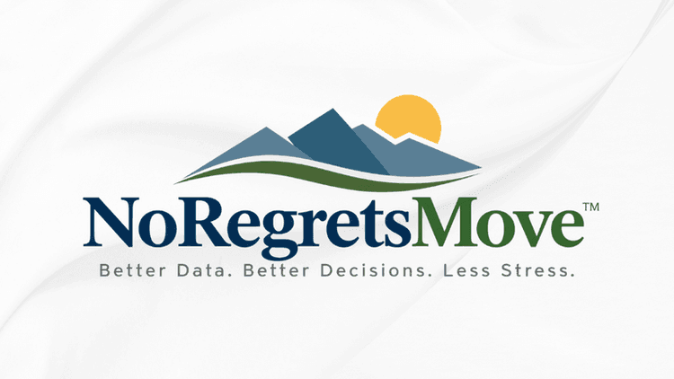 Logo for NoRegretsMove featuring mountains and a sunrise with the tagline below