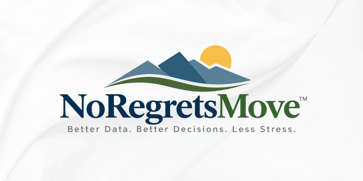 Logo for NoRegretsMove featuring mountains and a sunrise with the tagline below