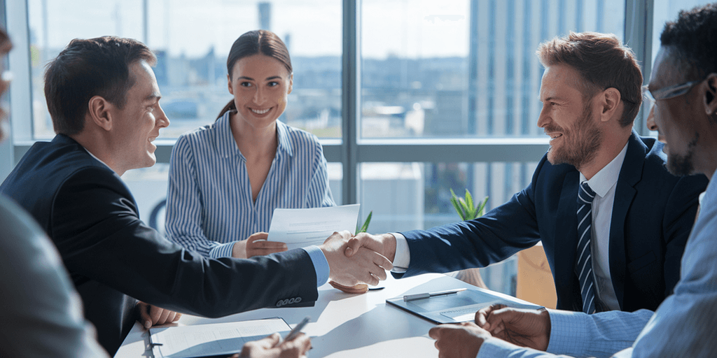 Two professionals shaking hands during a meeting with colleagues in the background