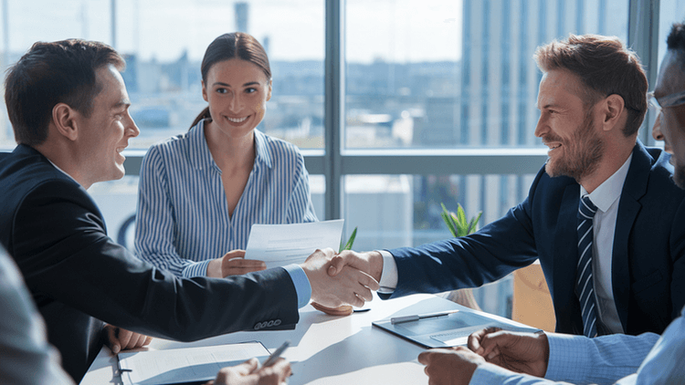 Two professionals shaking hands during a meeting with colleagues in the background