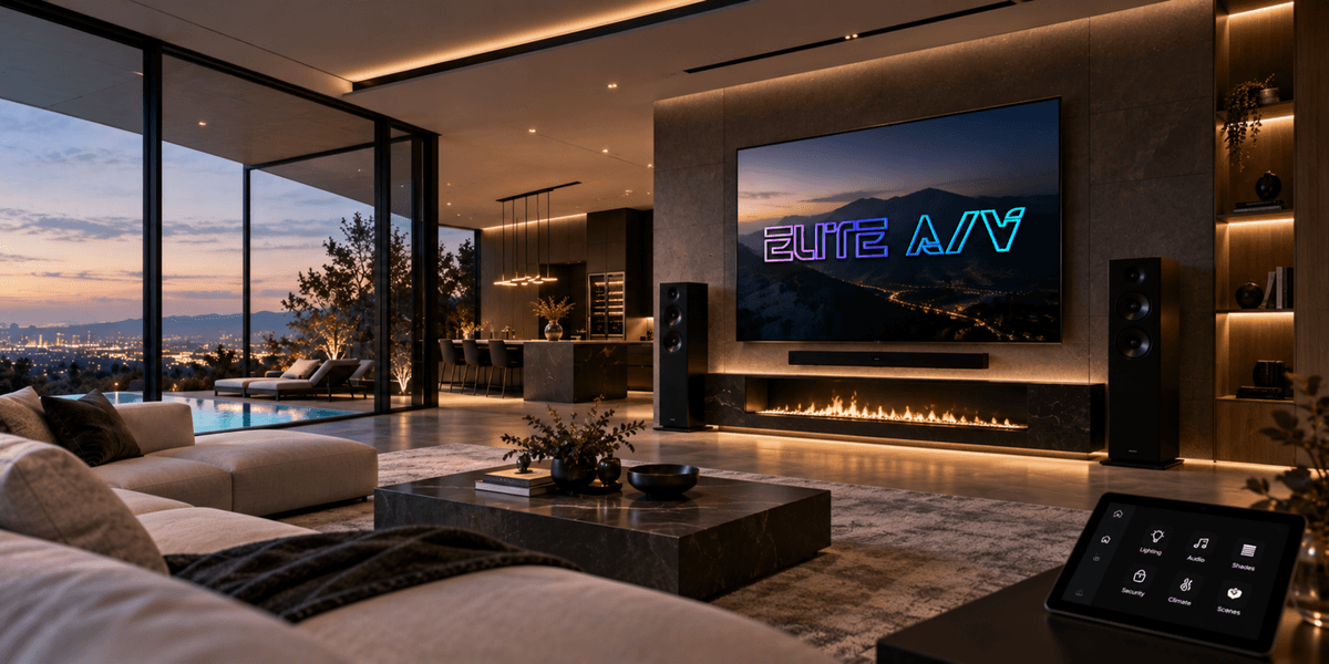 Luxurious modern living room with fireplace, large TV, and stunning city view at sunset
