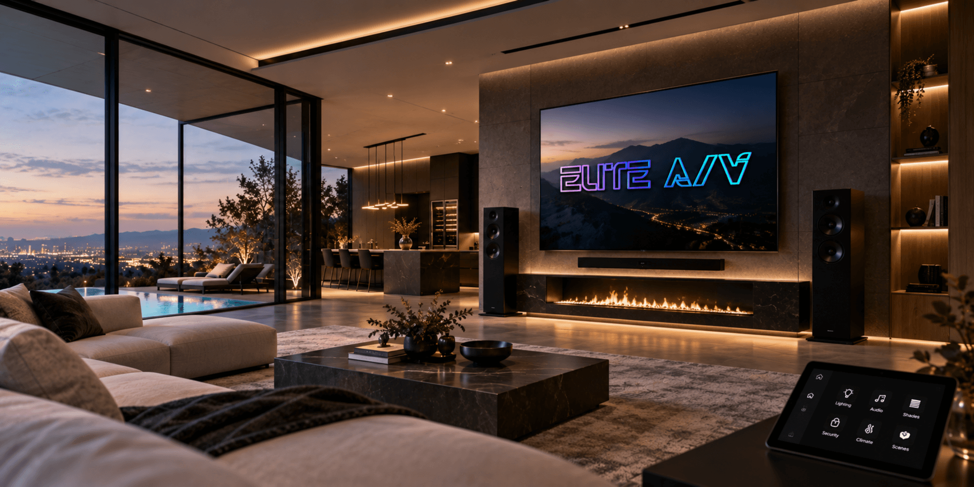 Luxurious modern living room with fireplace, large TV, and stunning city view at sunset