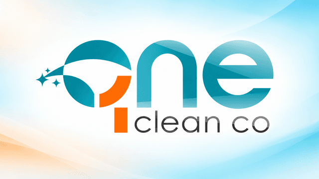 Logo design for One Clean Co featuring stylized text and sparkling elements in blue and orange