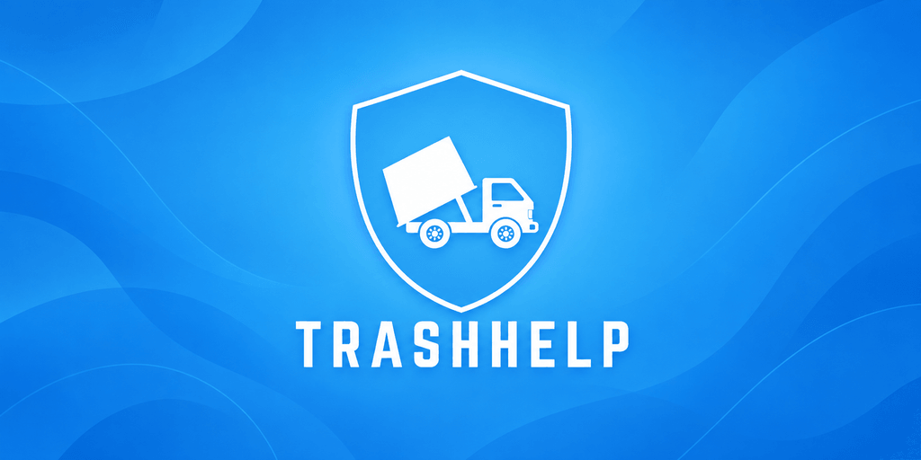 Logo design for TrashHelp featuring a moving truck inside a shield on a blue background