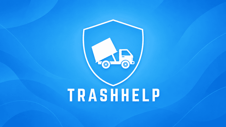 Logo design for TrashHelp featuring a moving truck inside a shield on a blue background