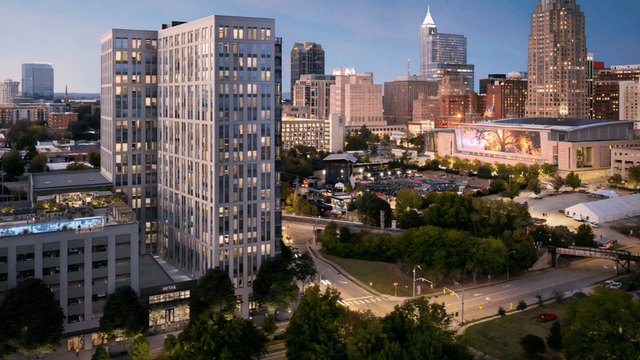 City skyline featuring modern buildings and greenery at dusk in Raleigh, North Carolina