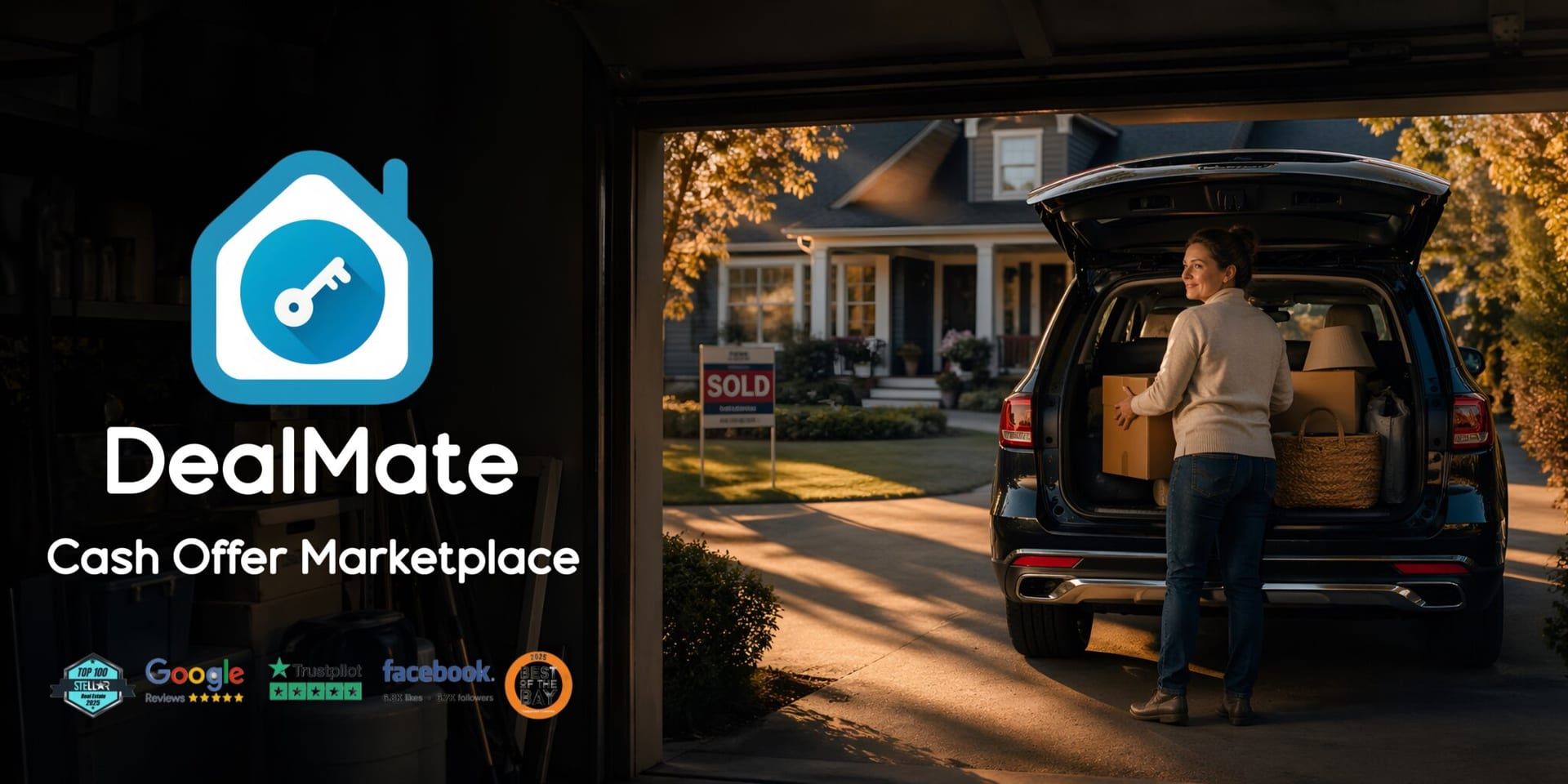 A woman packs boxes into an SUV parked in a driveway, with a house and "Sold" sign in the background. "DealMate: Cash Offer Marketplace" text and logos are on the left. The scene suggests a move and successful home sale.