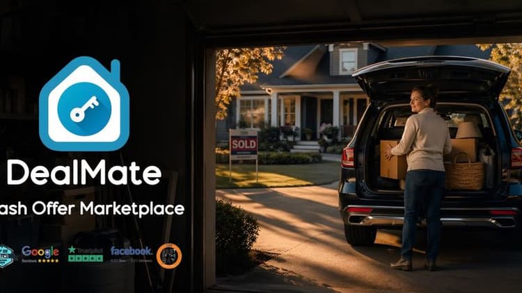 A woman packs boxes into an SUV parked in a driveway, with a house and "Sold" sign in the background. "DealMate: Cash Offer Marketplace" text and logos are on the left. The scene suggests a move and successful home sale.