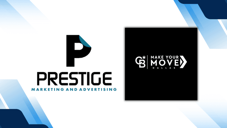 "Logos of Prestige Marketing and Advertising and Make Your Move Dallas with a modern blue geometric design background."