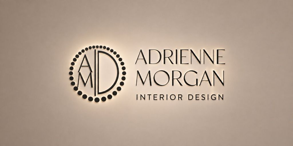 Adrienne Morgan Interior Design logo displayed on an illuminated office wall.