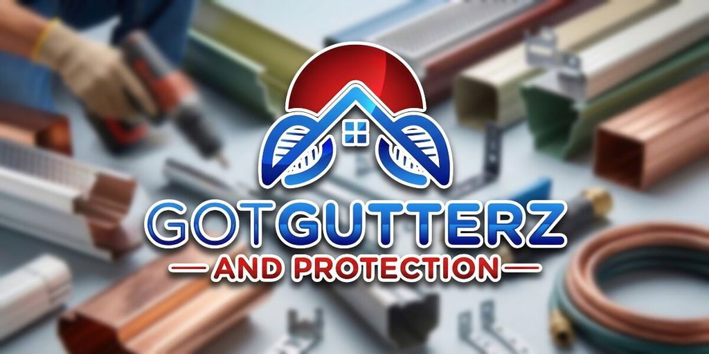 Got Gutterz and Protection logo over gutter materials and tools, promoting seamless gutters and gutter guard services in Houston.