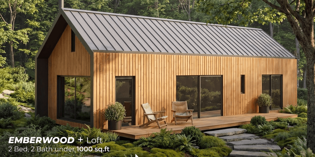 Modern wood cabin with loft, black metal roof, and large windows surrounded by lush forest landscaping.