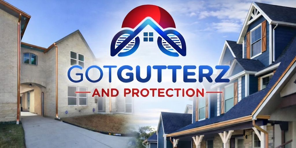 "Graphic showing two houses with gutter systems, featuring a blue and red Got Gutterz logo in the center. The tone is professional and inviting."