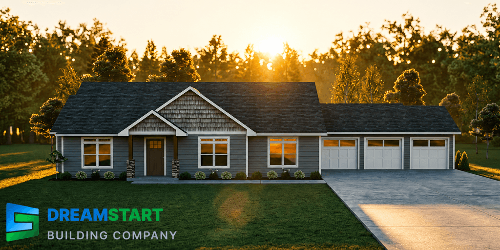 “DreamStart Building Company custom ranch-style home exterior at sunset with modern energy-efficient design.”