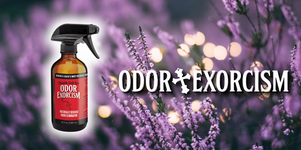 Odor Exorcism all-natural odor eliminator in sustainable glass packaging, offering a chemical-free, eco-friendly solution for freshening homes with essential oils and plant-based ingredients.