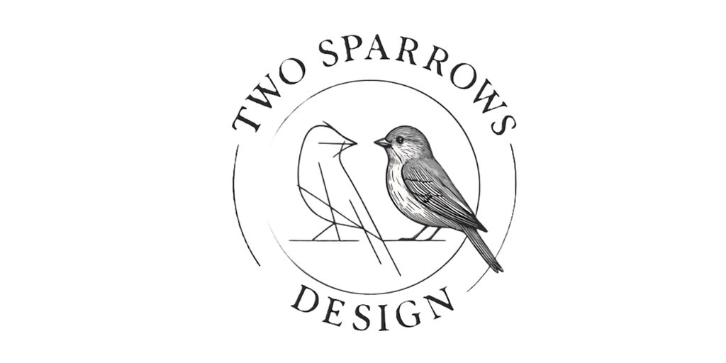 Two Sparrows Design logo featuring two stylized sparrows in flight, symbolizing creativity and collaboration in design.