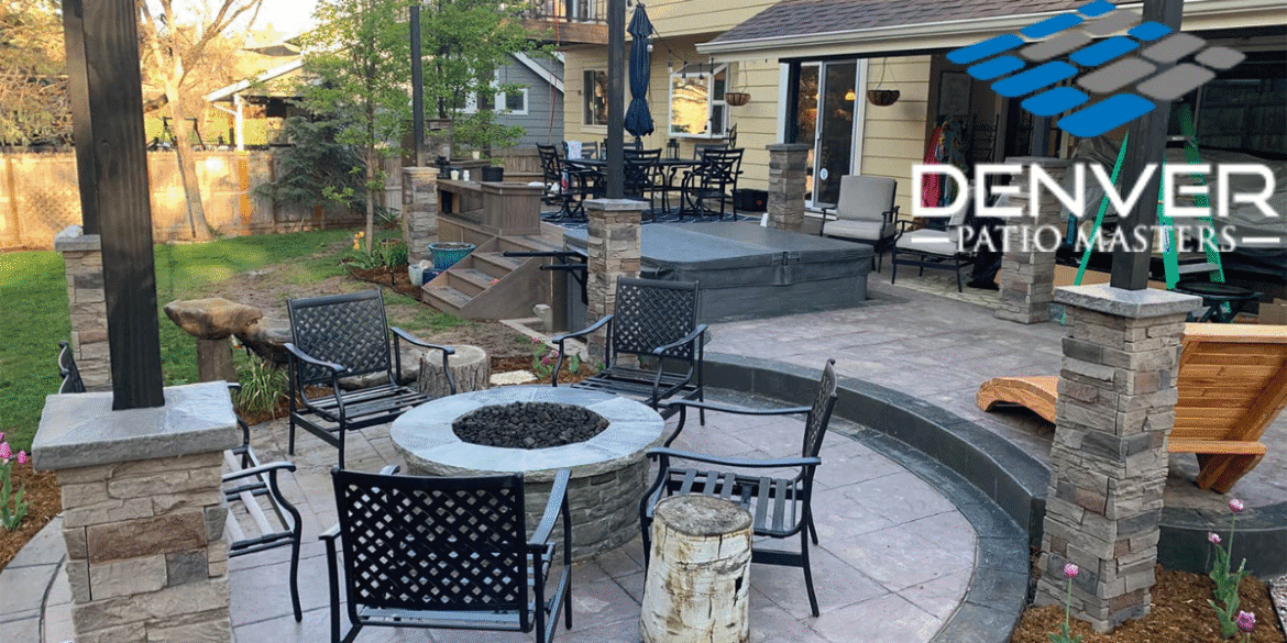 "Denver Patio Masters logo with a beautifully designed outdoor patio featuring seating, firepit, and landscaping, showcasing expert craftsmanship."