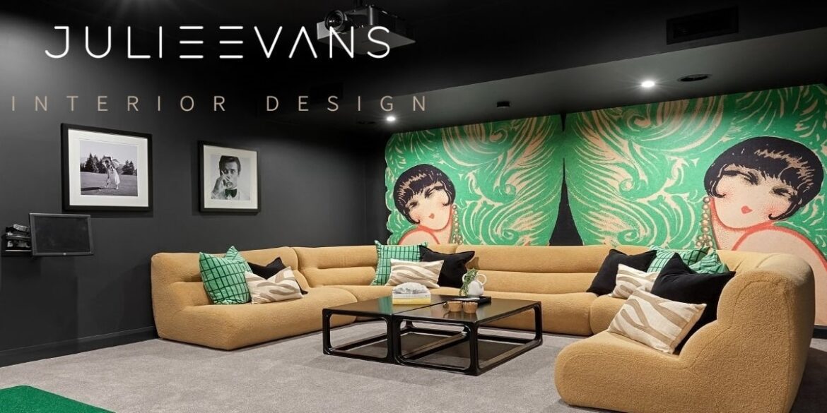Stylish home theater designed by Julie Evans Design, featuring vibrant wall art, cozy seating, and modern decor.
