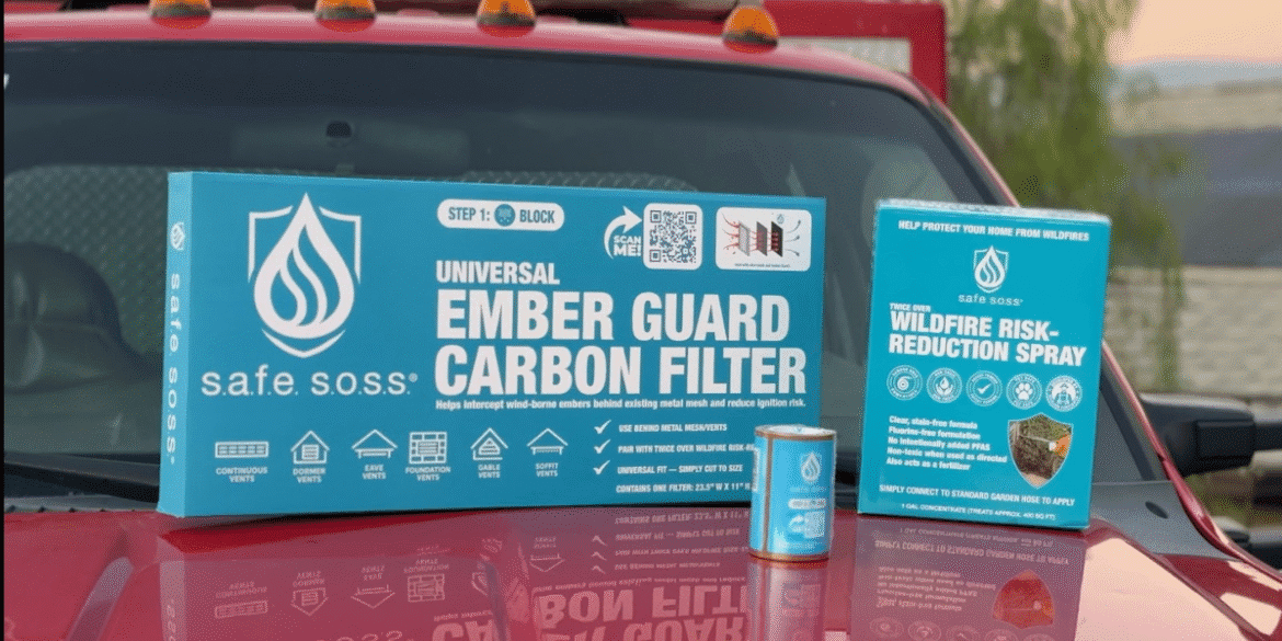 SAFE SOSS wildfire protection products displayed on a truck, including Ember Guard Carbon Filter and Wildfire Risk-Reduction Spray.