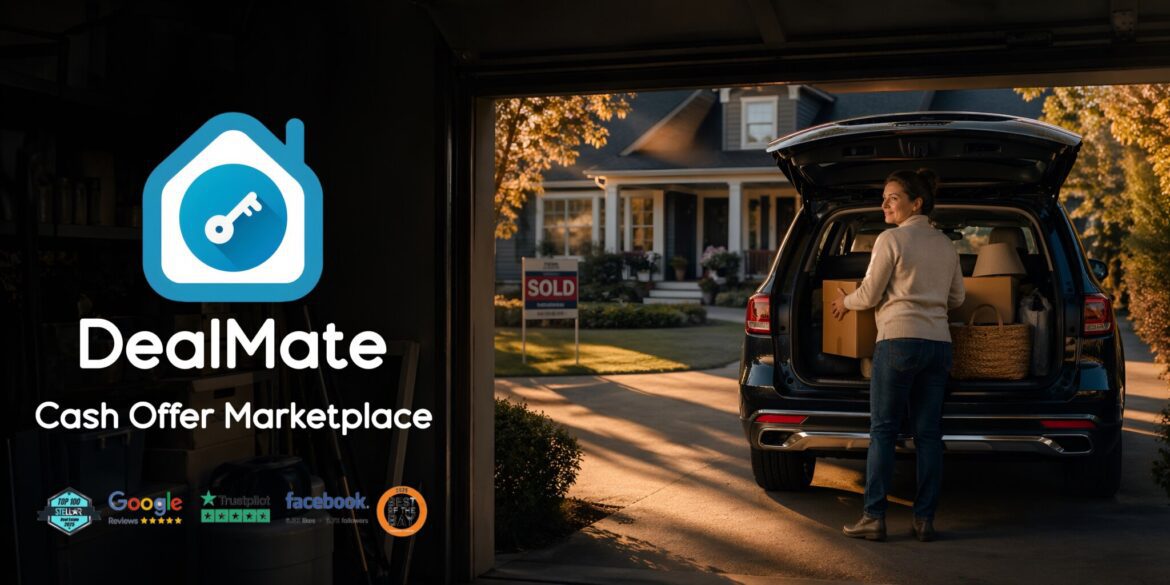 A woman packs boxes into an SUV parked in a driveway, with a house and "Sold" sign in the background. "DealMate: Cash Offer Marketplace" text and logos are on the left. The scene suggests a move and successful home sale.
