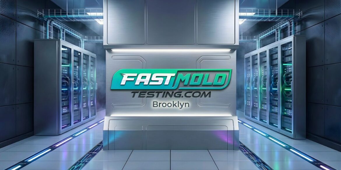 "Futuristic server room with glowing equipment racks and sleek design. 'Fast Mold Testing.com Brooklyn' logo prominently displayed on a metallic wall."