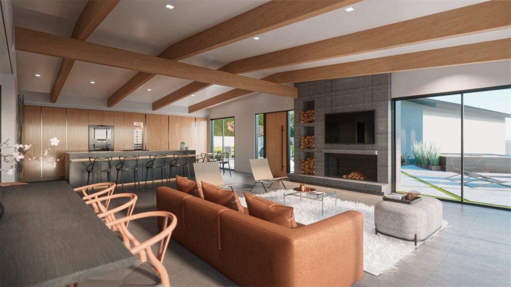 Open-concept luxury home featuring exposed wood beams, a modern kitchen, fireplace, and poolside views.