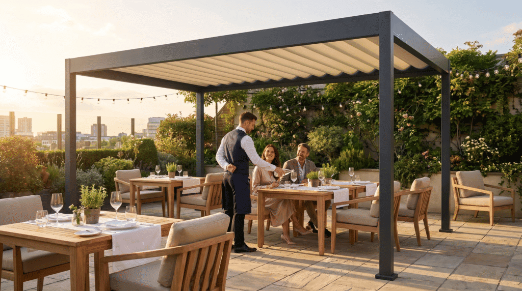 Retractable fabric pergola shading an outdoor restaurant patio with guests dining at sunset.