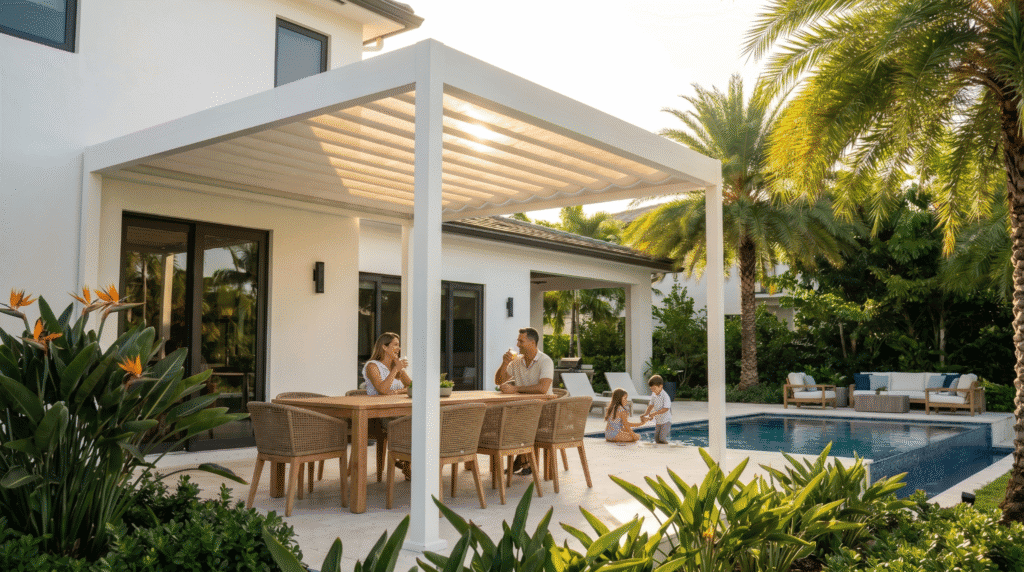 Modern home patio with a retractable fabric pergola beside a swimming pool and tropical landscaping.