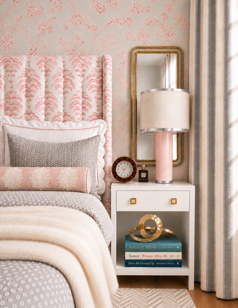 Bedroom with pink patterned wallpaper, upholstered headboard, white nightstand, and gold-framed mirror.